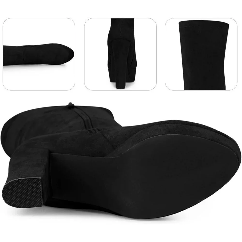 Women Black Suede Chunky Heel Rounded Toe Over the Knee Thigh High Long Boots